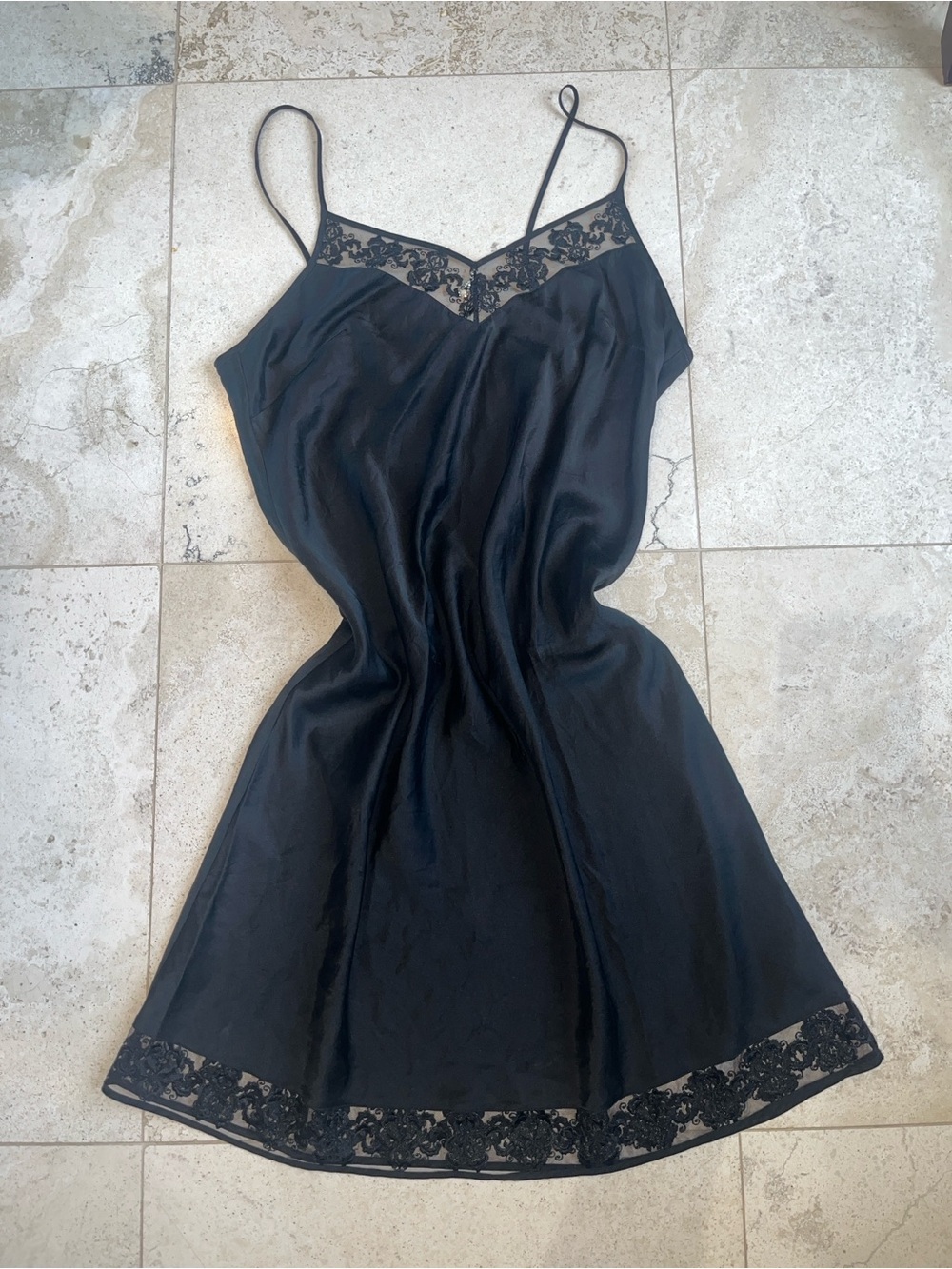 SILKSILKY Women's Black 100% Silk Lace-Trim Midi Slip Dress Nightgown Slip Sz L